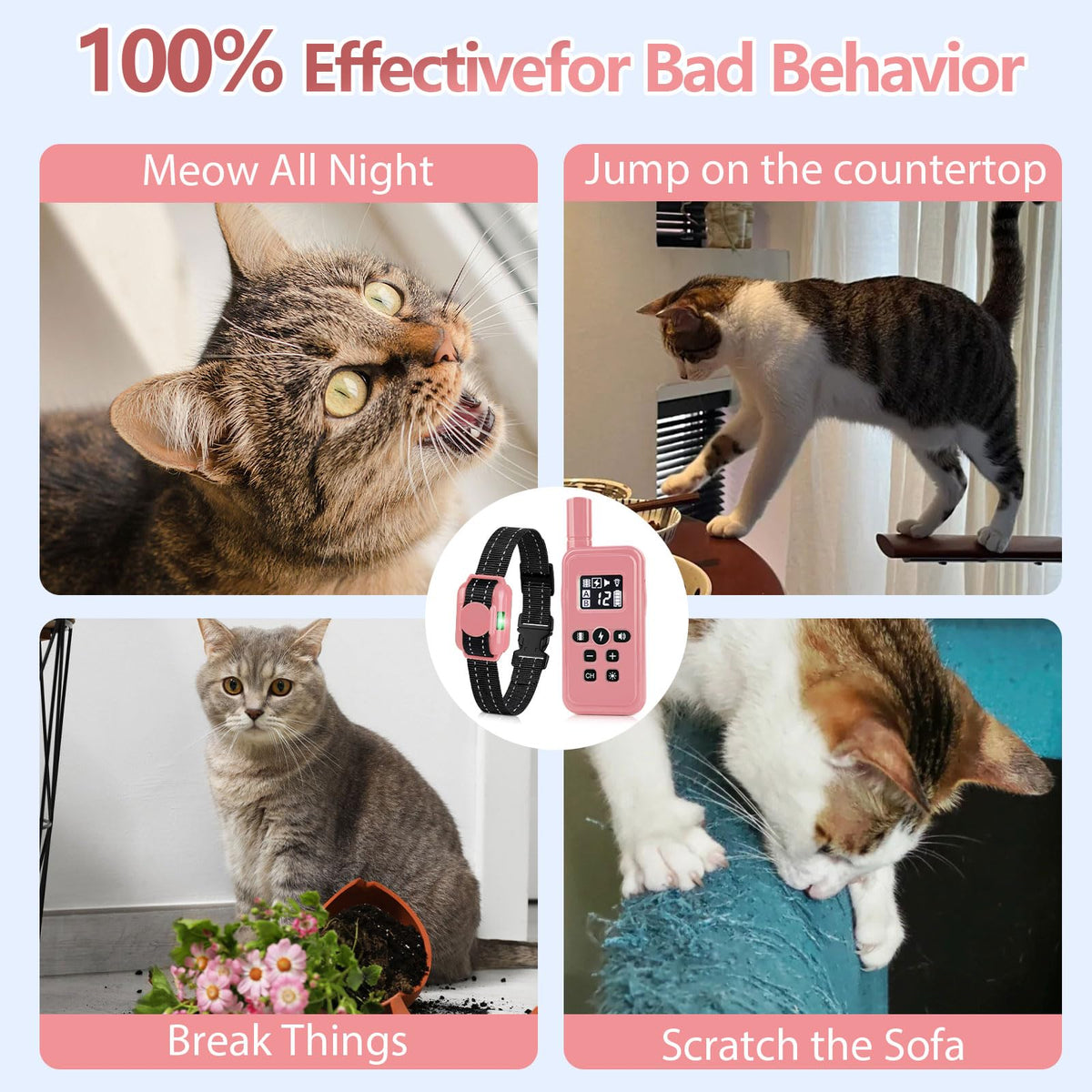 Cat Training Collar with Remote Shock Vibration Beep 3 Modes Waterproof Rechargeable Pink B329