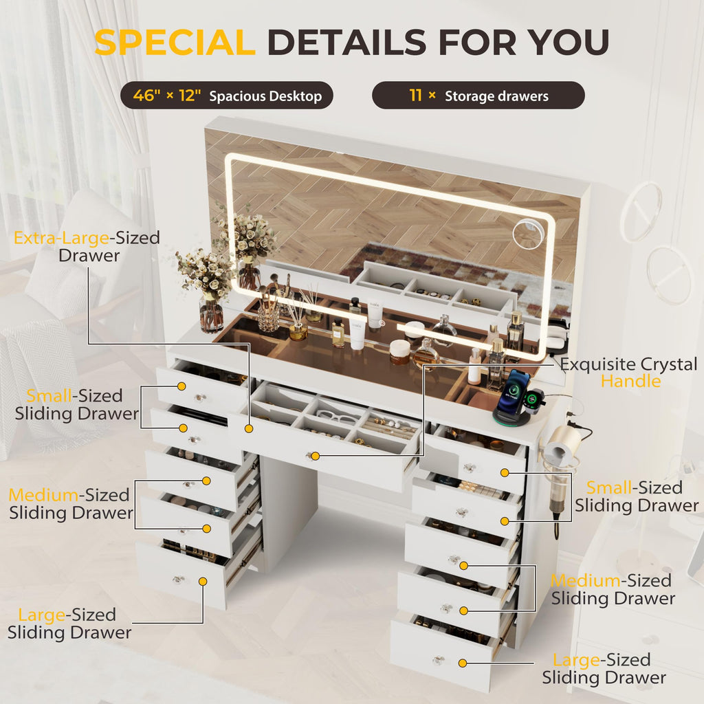 46" White Makeup Vanity Desk with Mirror and Lights S707428