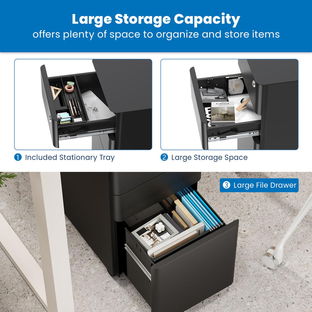 Black 3 Drawer Rolling File Cabinet with Lock Z7245