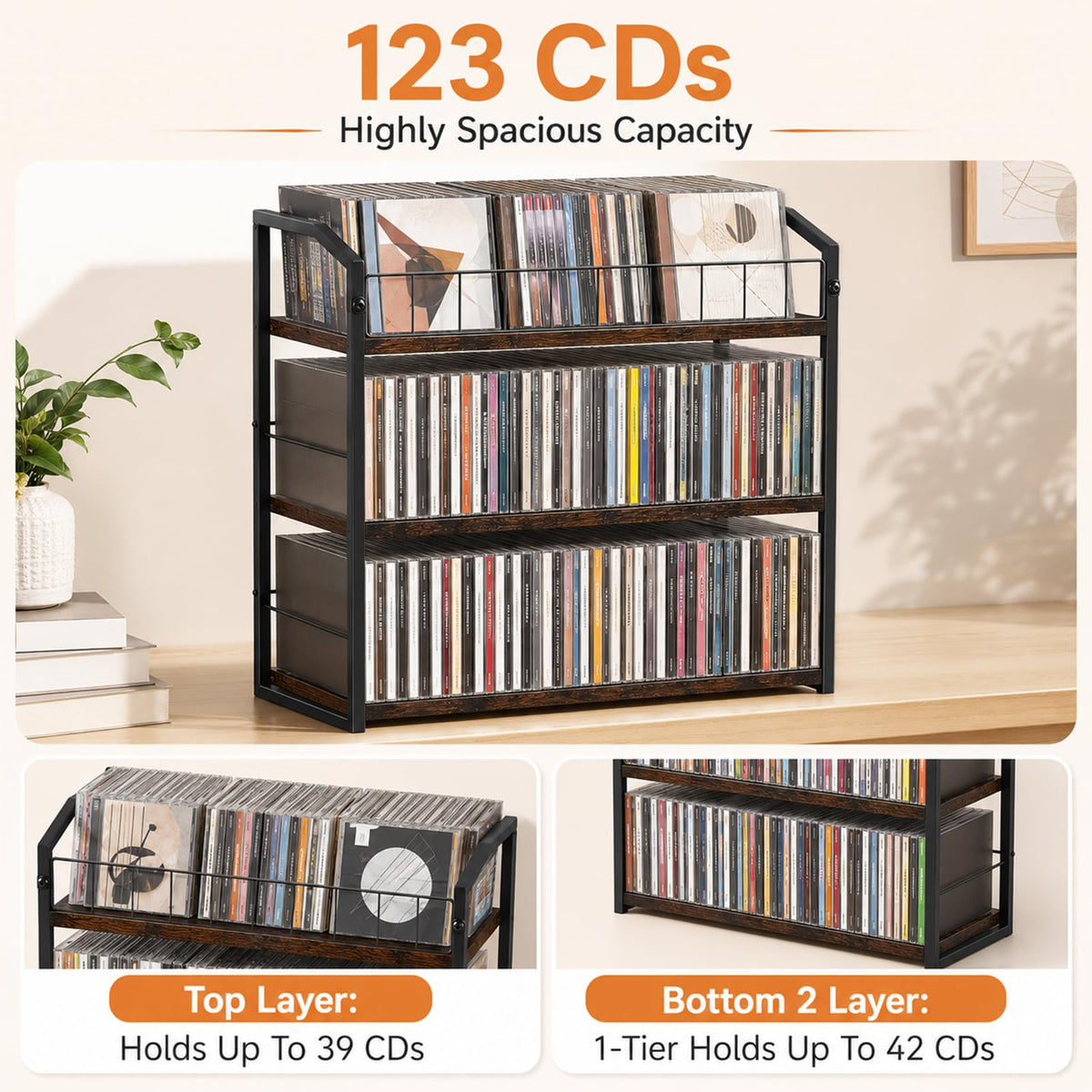 3-Tier Metal and Wood CD Storage Rack L7849