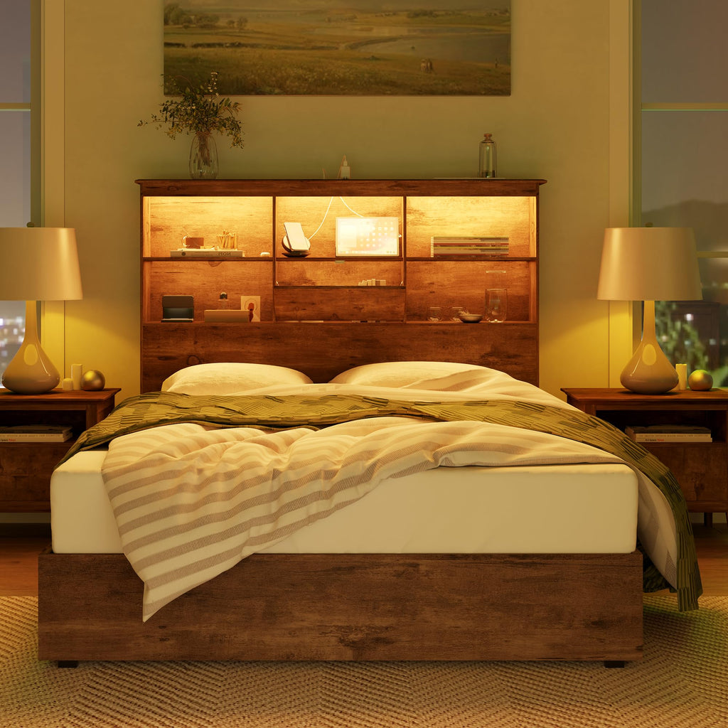Queen Platform Bed with LED Bookcase Headboard V36959
