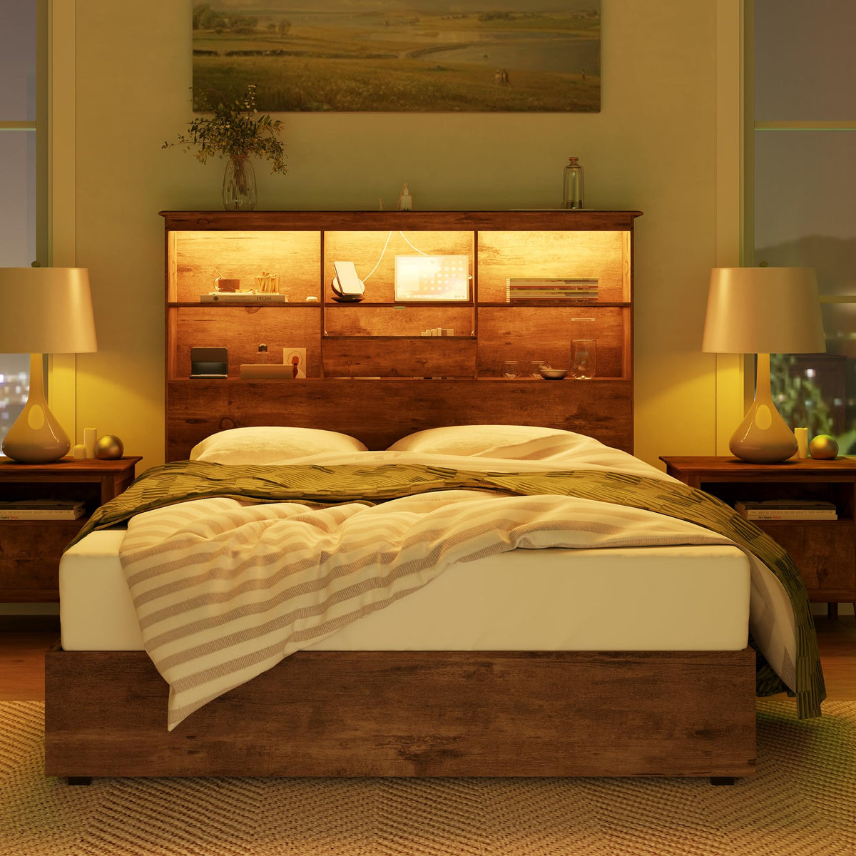 Queen Platform Bed with LED Bookcase Headboard V36959