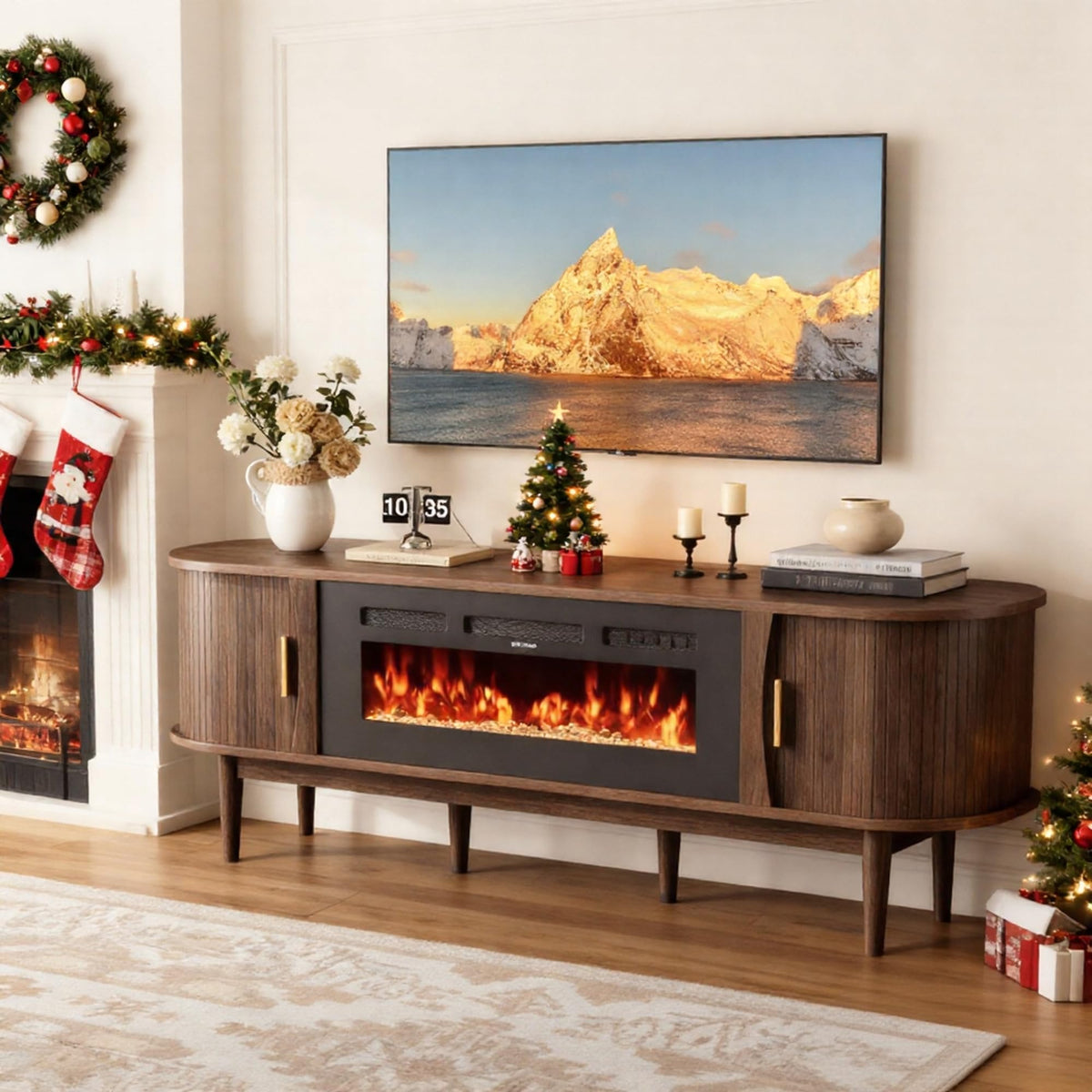 70″ Fluted Fireplace TV Stand with Sliding Tambour Doors K908