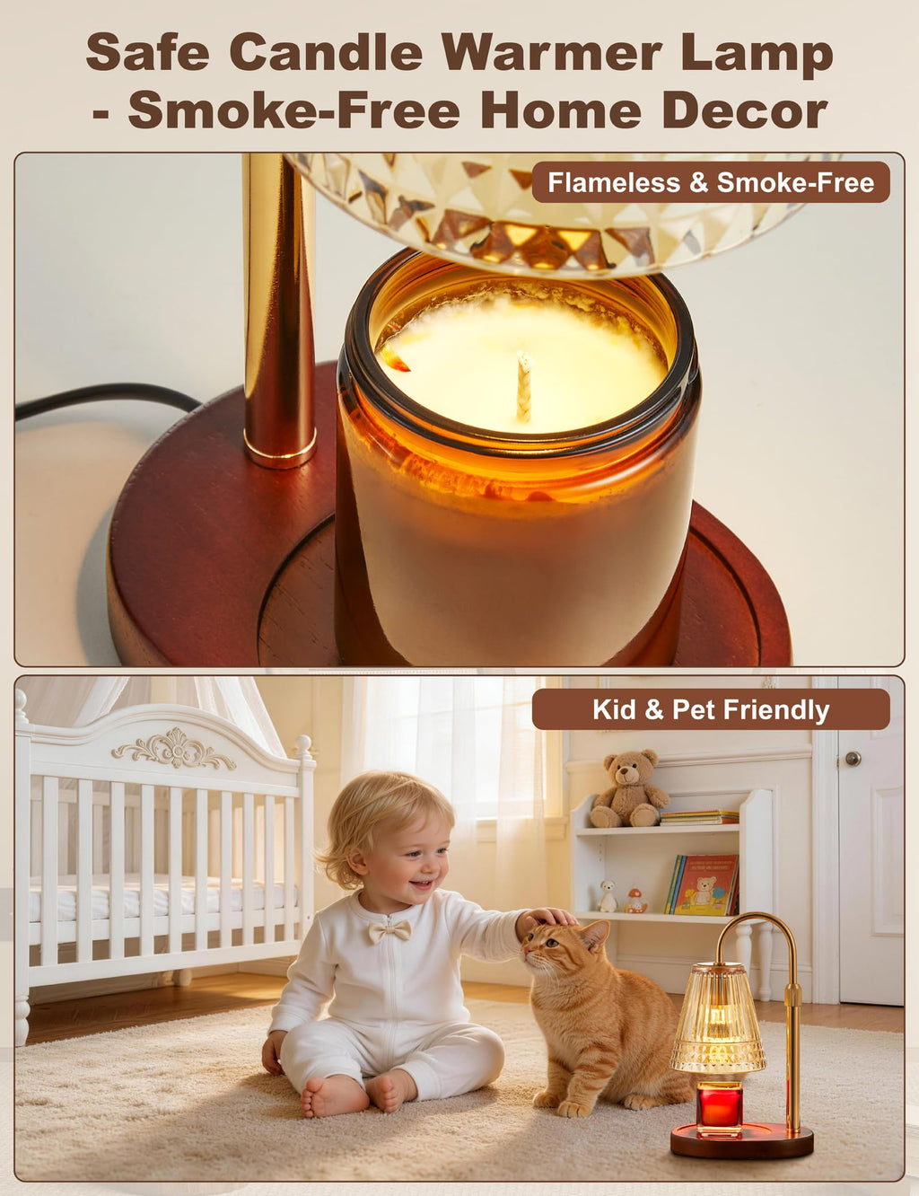 Candle Warmer Lamp with Dimmer & Timer, Adjustable Height, Amber-gold I677