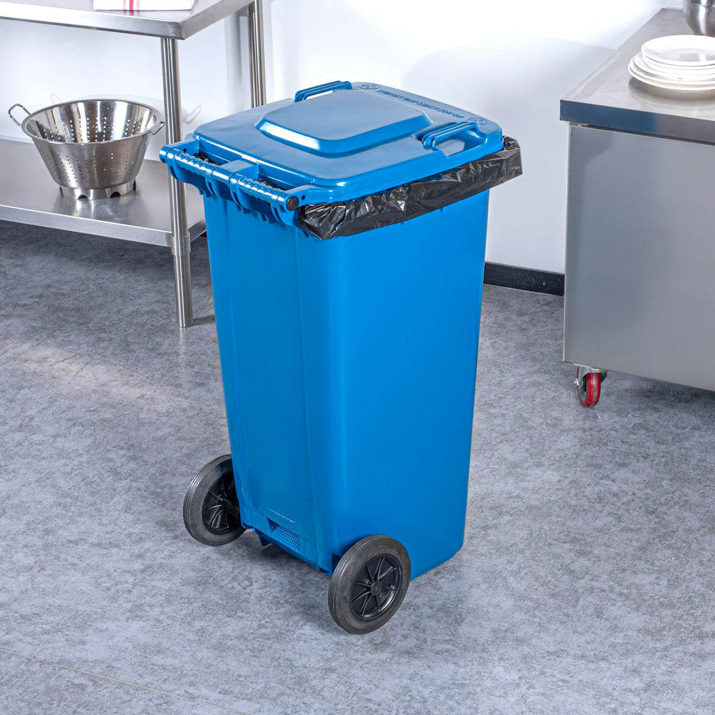 32 gal Blue Plastic Wheeled Trash Can H261372