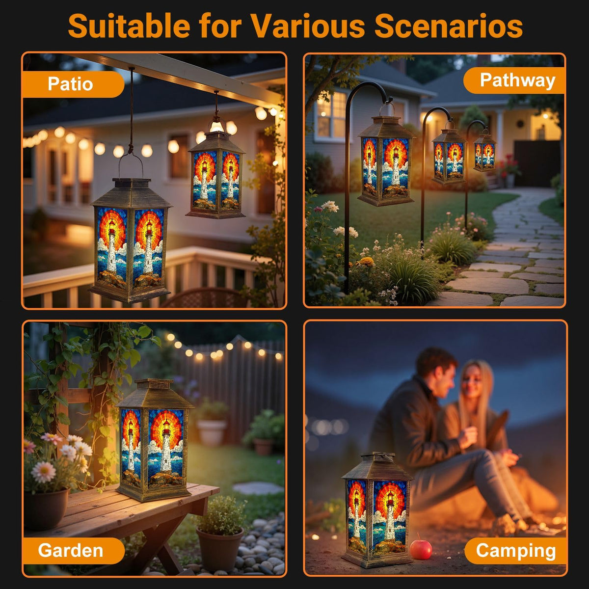 Solar Lantern Outdoor Waterproof Stained Glass LED Hanging Solar Lights E3135