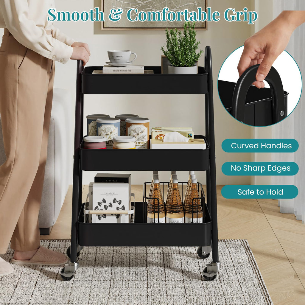 3-Tier Metal Rolling Utility Cart with Lockable Wheels P280