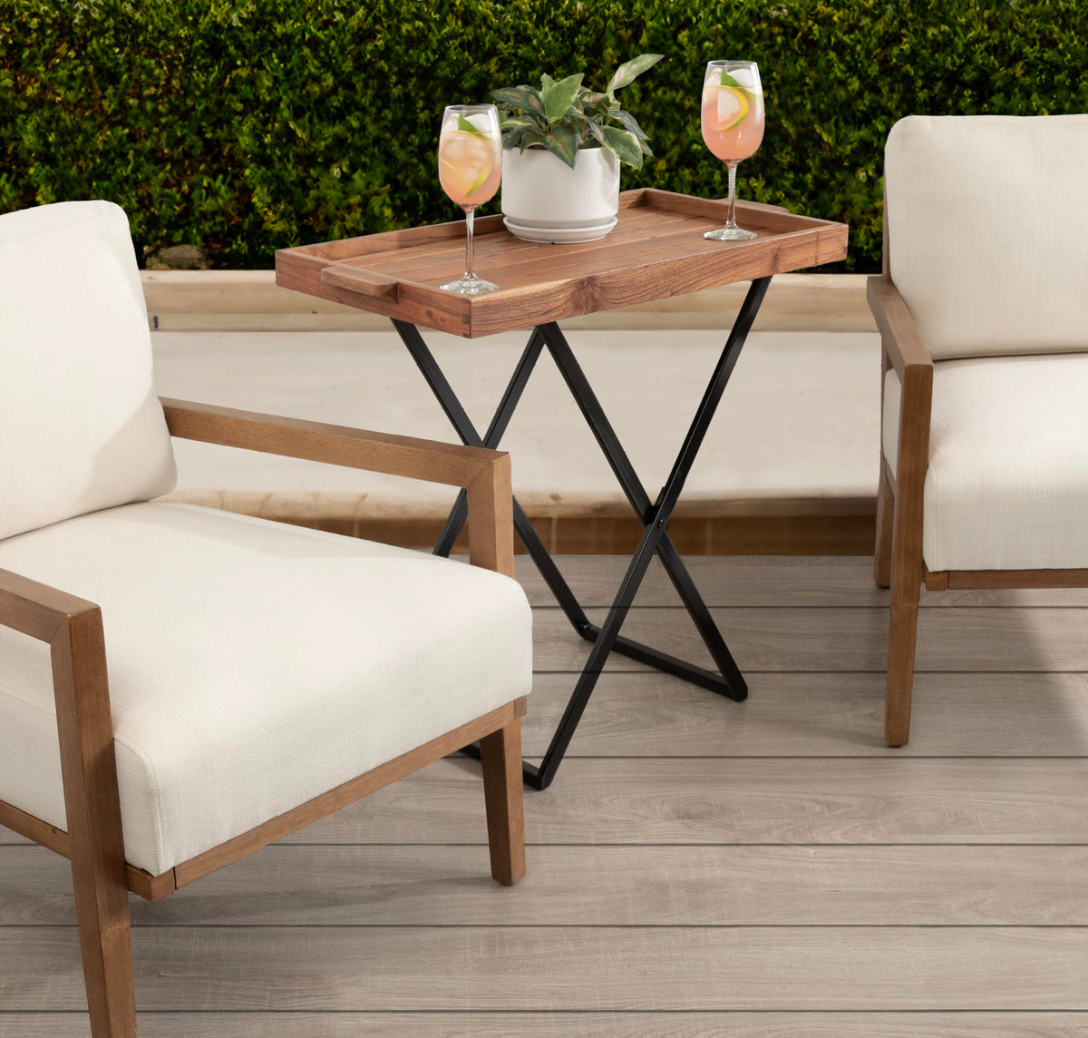 Natural Brown and Black Wood Tray Table with Removable Serving Tray Top U441