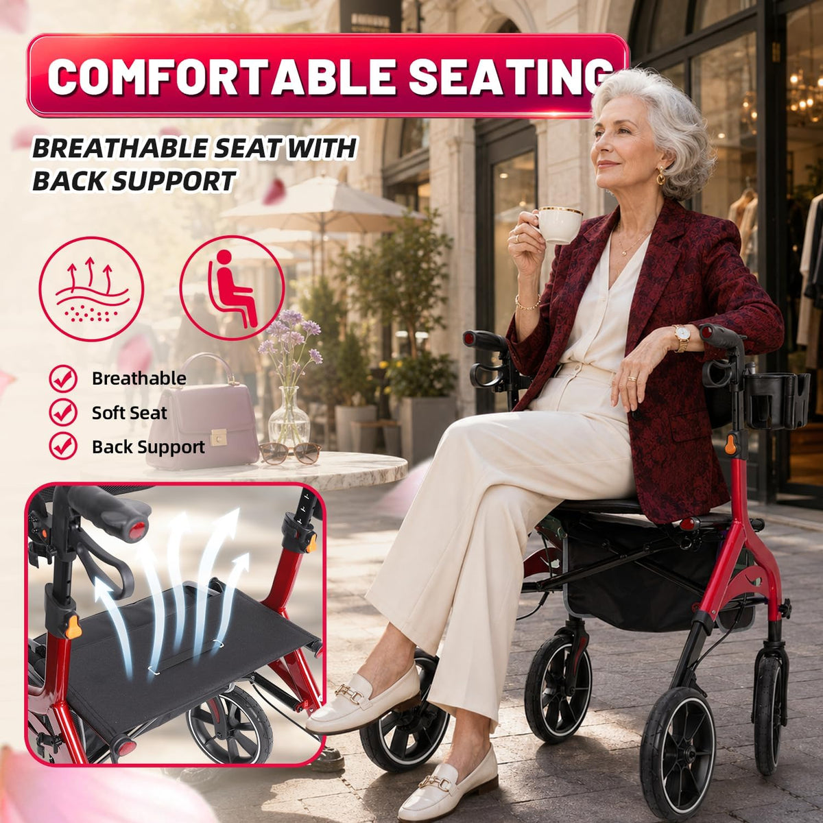 Foldable Red Rollator Walker with Seat J27090