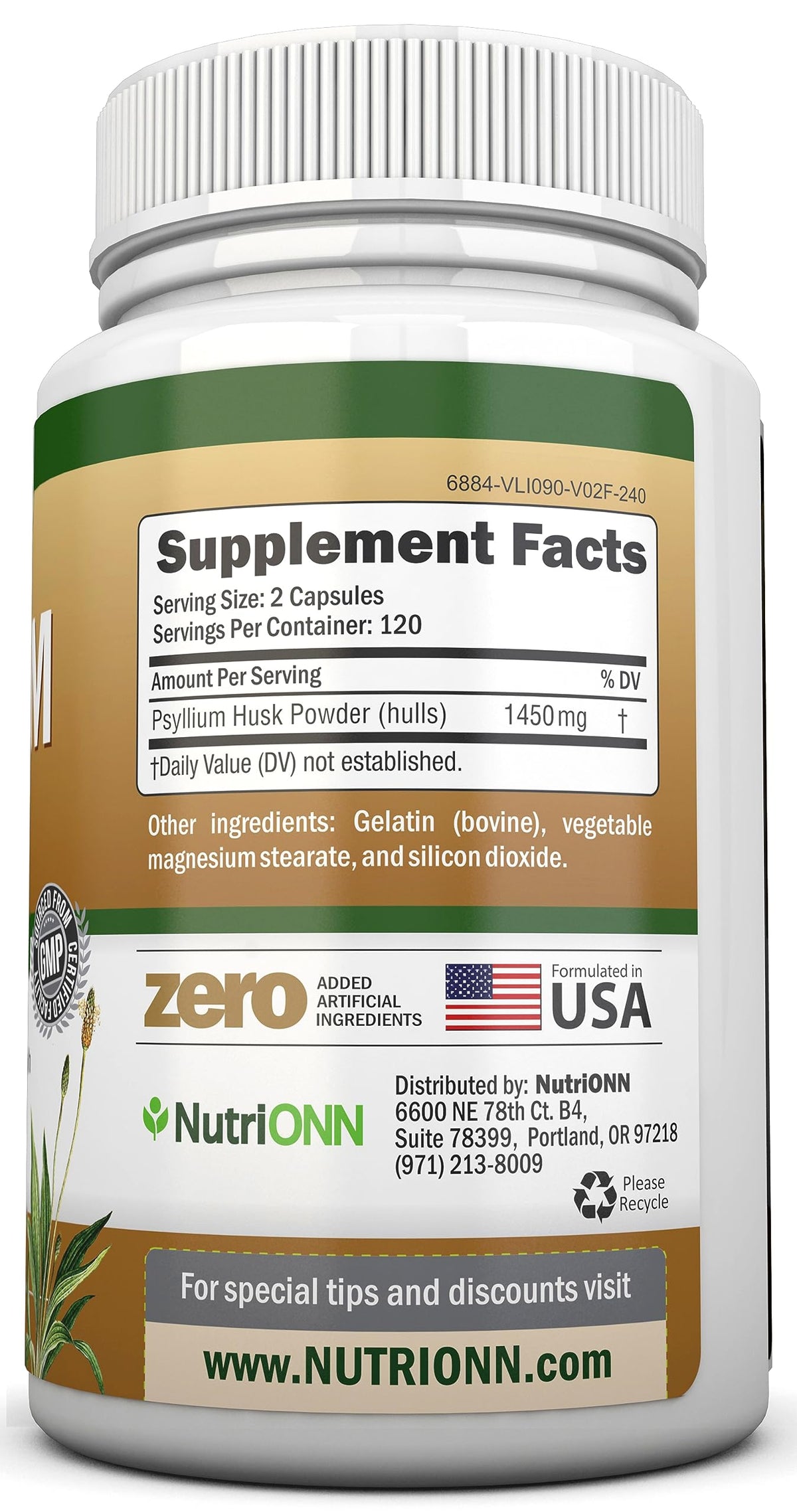 1450mg 240 Capsules Psyllium Husk Fiber Supplement K1493