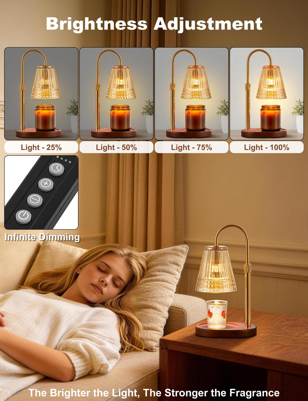 Candle Warmer Lamp with Dimmer & Timer, Adjustable Height, Amber-gold I677
