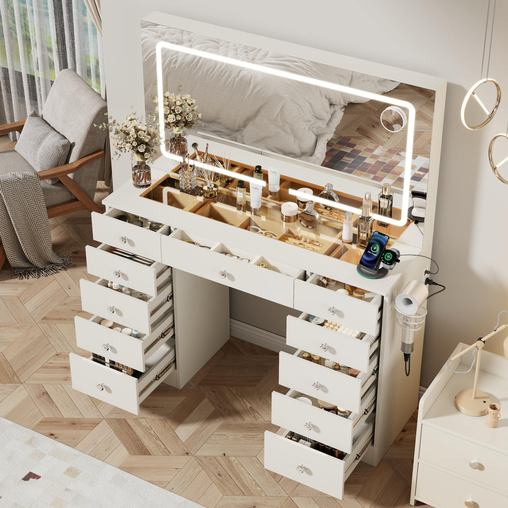 46" White Makeup Vanity Desk with Mirror and Lights S707428