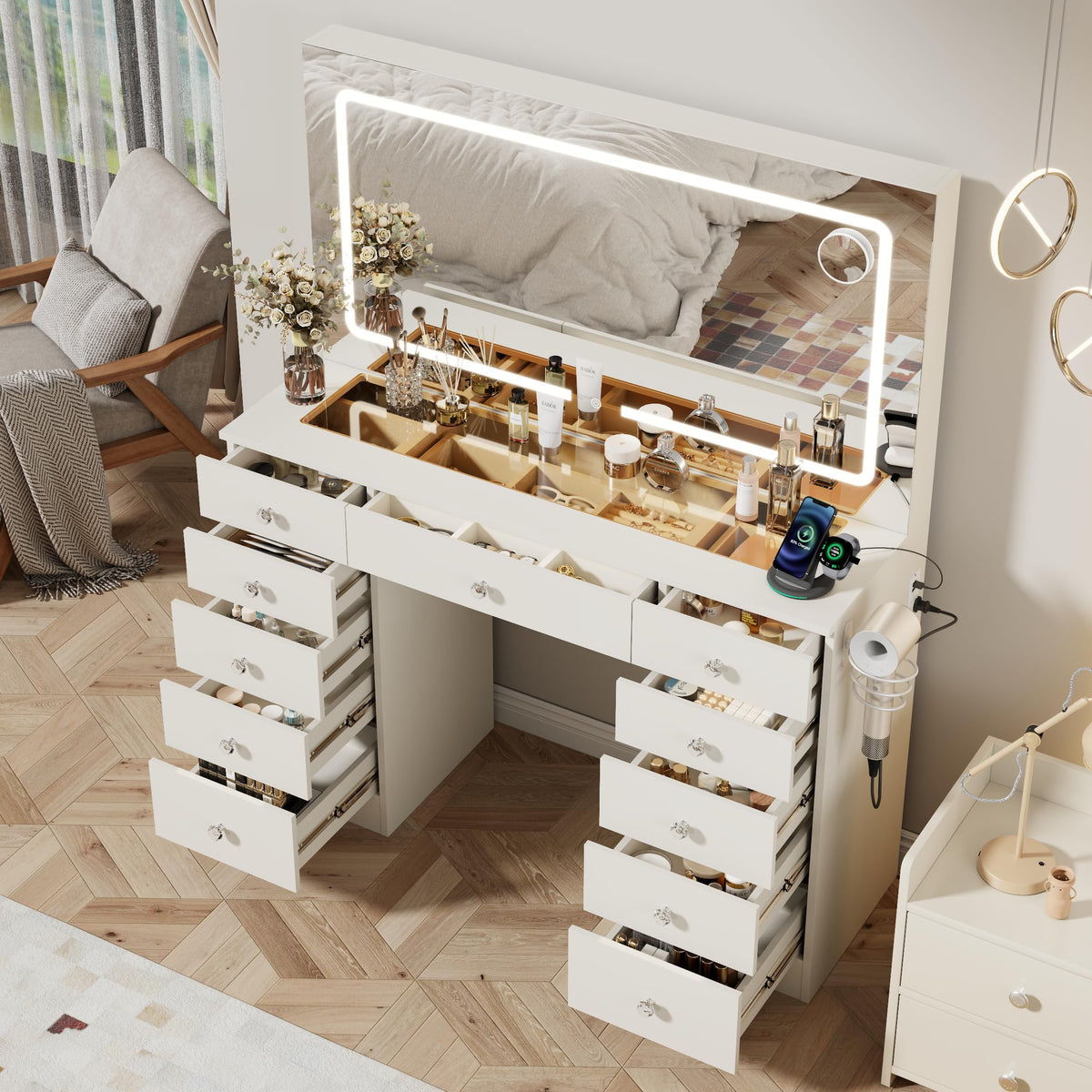 46" White Makeup Vanity Desk with Mirror and Lights S707428