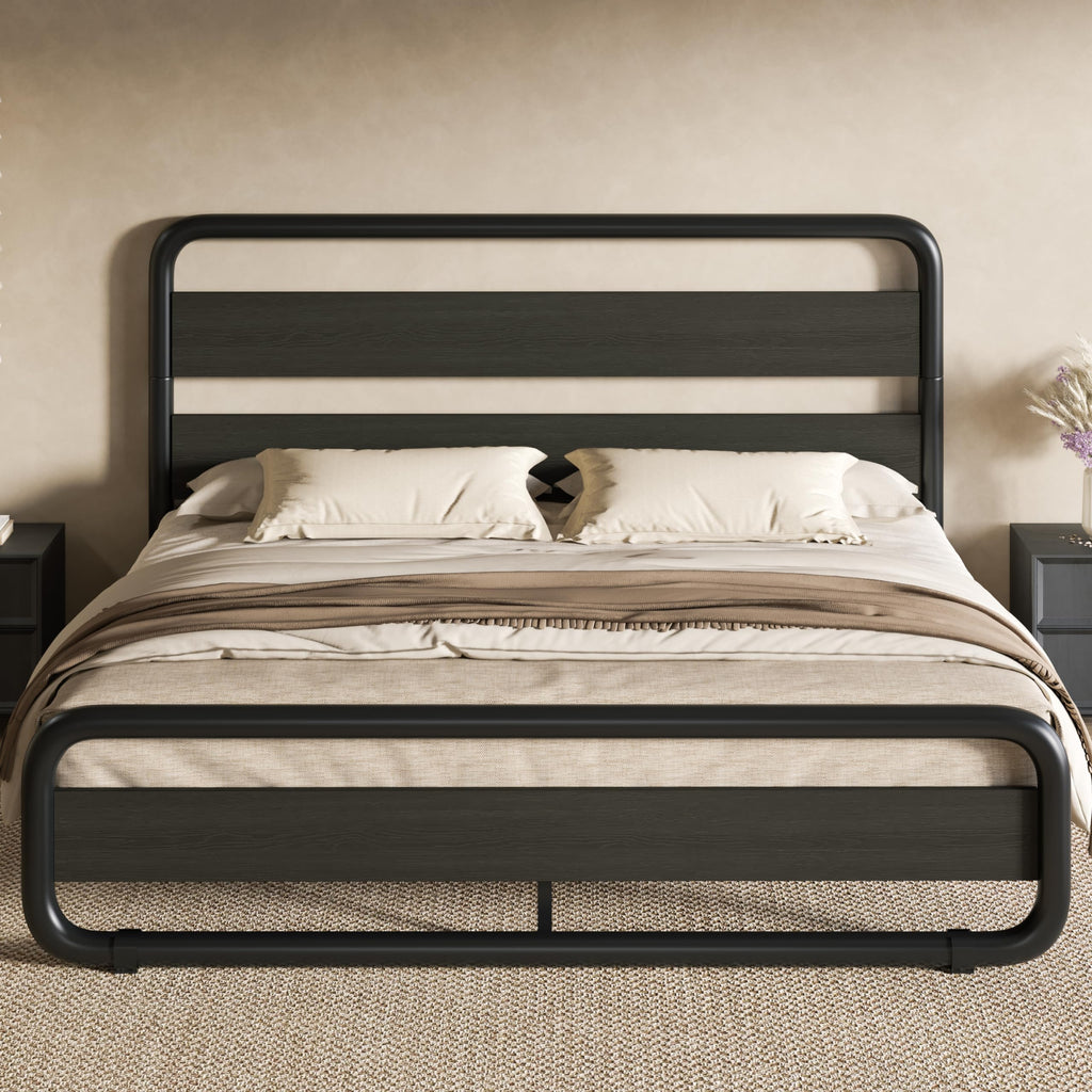 Full Size Metal Bed Frame with Wooden Headboard D71197