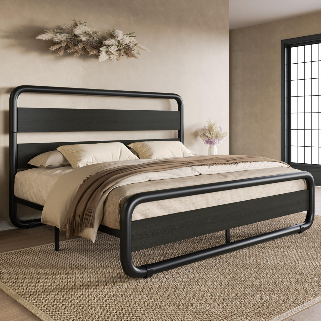 Full Size Metal Bed Frame with Wooden Headboard D71197