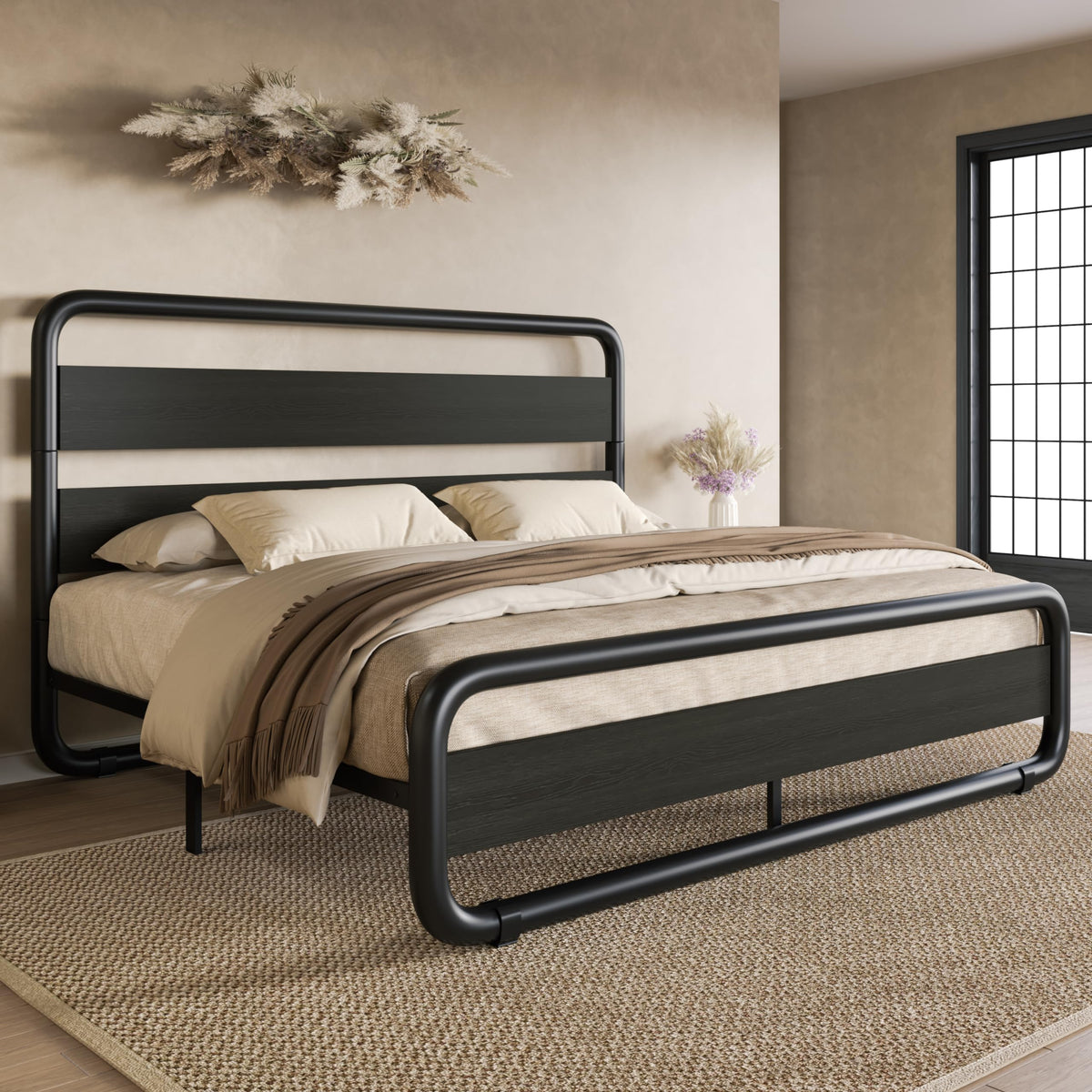 Full Size Metal Bed Frame with Wooden Headboard D71197