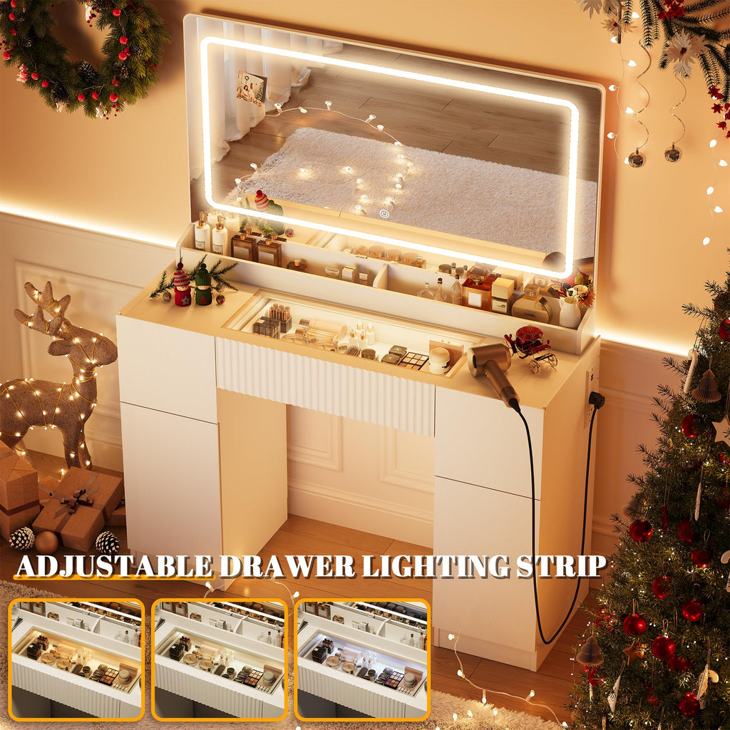 44" Pure White Vanity Desk with Mirror and Lights G35871