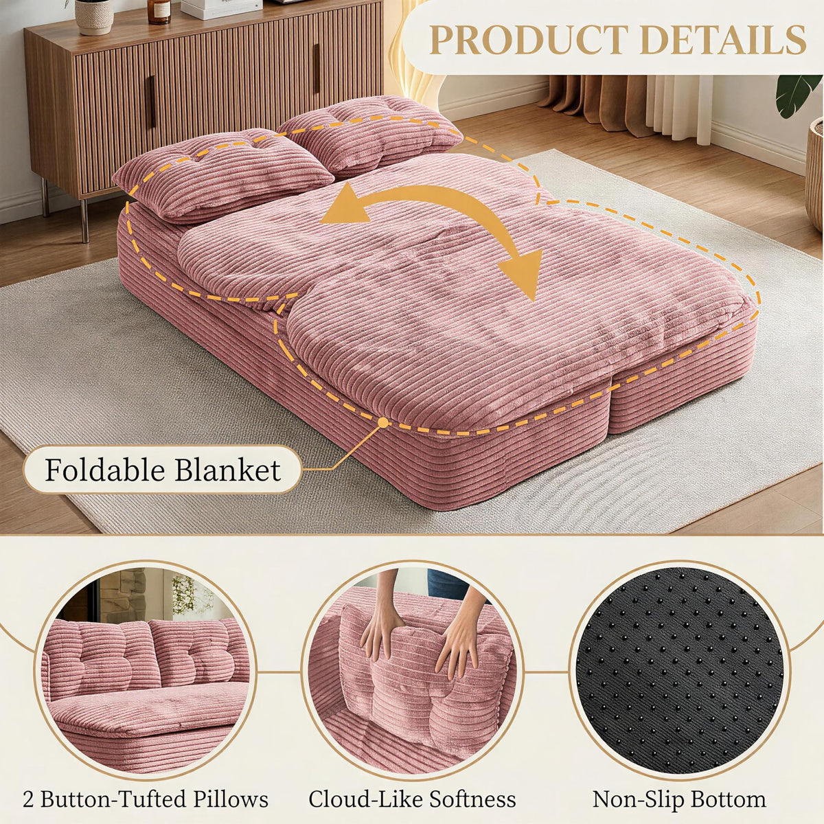 78.7" Pink Memory Foam Futon Sofa Bed S248008